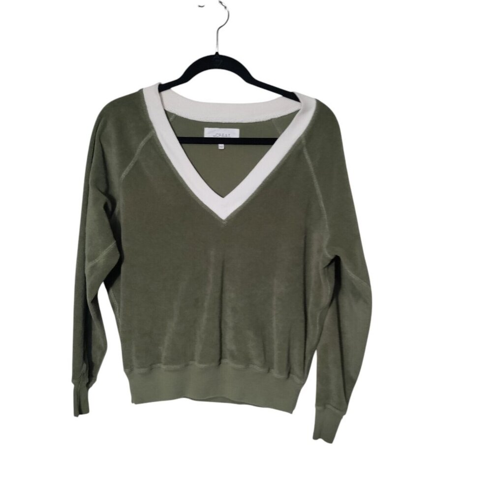 THE GREAT. Olive Green V-Neck Pullover with White Trim